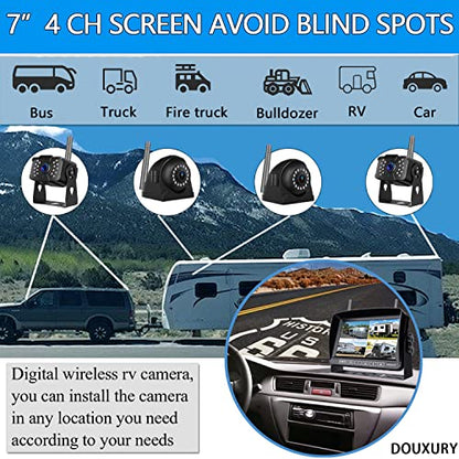 Wireless RV Backup Camera for Trailer Truck Camper Digital Rear Side View Cameras & HD 1080P 4 Splits 7" DVR Screen with Adapter for Furrion Pre