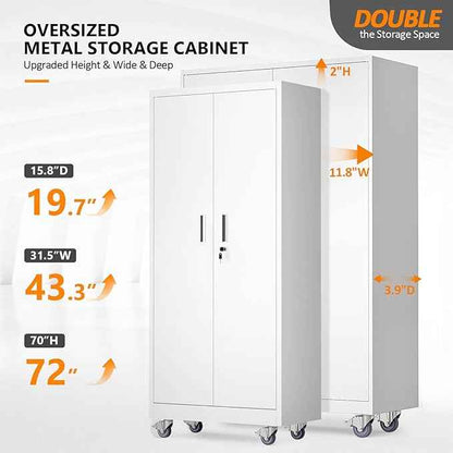 VINGLI Large Metal Storage Cabinet with 2 Doors and 5 Adjustable Shelves, Upgraded Height & Wide & Deep, 43''W x 20''D x 72''H, Oversized Garage Storage Cabinet with Wheels and Locks (White)