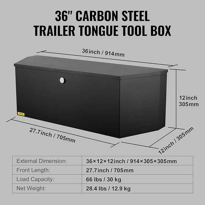 VEVOR Trailer Tongue Box, Heavy Duty Trailer Tongue Tool Box Storage Organizer with Lock & Keys, Utility Tool Chest for Pickup Truck Bed, RV, SUV, Off-Road Vehicle, Steel, 36" x 12" x 12"
