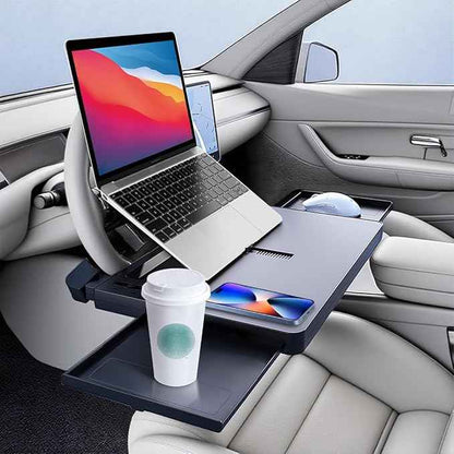 2 in 1 Large Steering Wheel Desk with Dual Slide-Out Trays, Steering Wheel Table Tray Fits for Most Cars, Adjustable Laptop Tray for Car