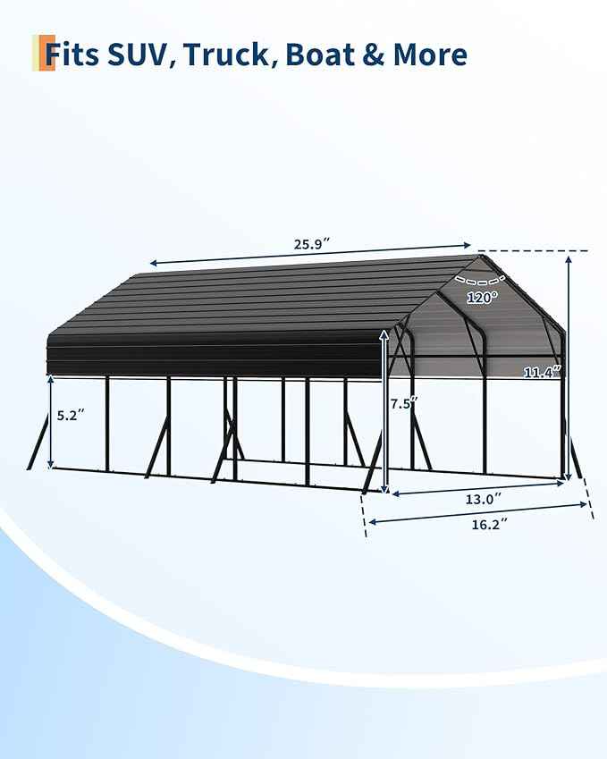 13x26 FT Heavy Duty Metal Carport Kit, Reinforced Frame with Anchors, for Trucks, Boats, RV, Tractor, 100MPH Wind & 35PSF Snow Rating, Easy Assembly