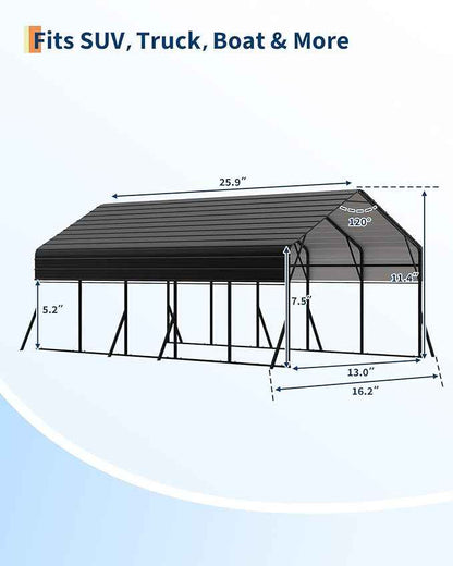 13x26 FT Heavy Duty Metal Carport Kit, Reinforced Frame with Anchors, for Trucks, Boats, RV, Tractor, 100MPH Wind & 35PSF Snow Rating, Easy Assembly