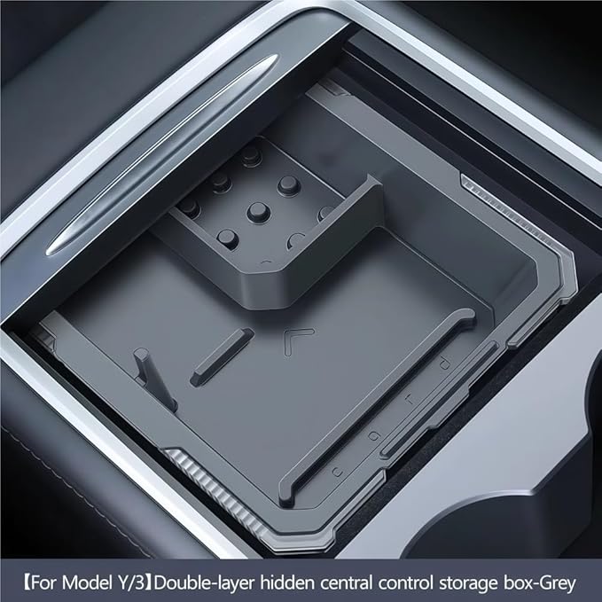 GGCLIMAX Center Console Organizer Compatible with Tesla Model Y 2021-2024 Model 3 2021-2023 Double-Layer Hidden Drawer Armrest Storage Tray With Micro-Frosted PC Silicone