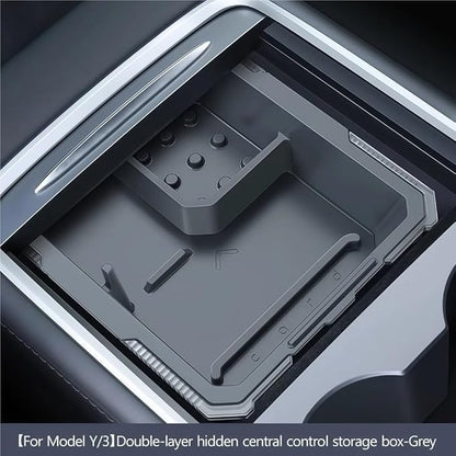 GGCLIMAX Center Console Organizer Compatible with Tesla Model Y 2021-2024 Model 3 2021-2023 Double-Layer Hidden Drawer Armrest Storage Tray With Micro-Frosted PC Silicone
