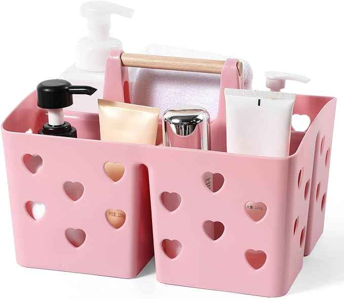 Anyoifax Portable Shower Caddy Plastic Shower Basket Organizer Divided Bathroom Caddy Storage Cleanning Caddy Tote with Handle for College, Dorm Room, Kitchen, Pink