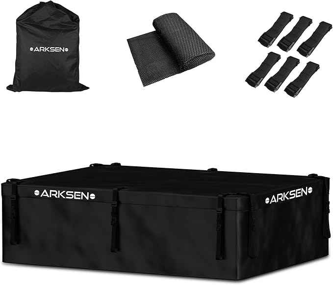 ARKSEN Rooftop Cargo Carrier Bag Extra-Wide 31.5 Cubic Feet Waterproof Heavy Duty Car Roof Rack Bag for Full-Size Cars with 10 Reinforced Straps, 6 Door Hook Straps & Anti-Slip Mat