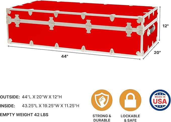 Rhino Trunk & Case Trundle Home Storage & College Trunk With Wheels - 44”x20”x12” - 1500+ lbs Capacity. USA Made Secure Under-Dorm Bed Footlocker for Clothes and Food, and Underbed Shoe Storage Box