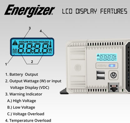 Energizer 1100 Watt 12V to 110v Pure Sine Wave Inverter Dual AC Outlets & USB, Installation Kit Included, Automotive Power for Tools, Camping Essentials & Car Accessories - ETL Approved UL STD 458