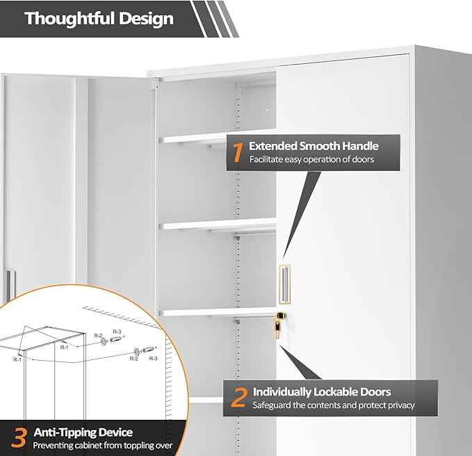 VINGLI Large Metal Storage Cabinet with 2 Doors and 5 Adjustable Shelves, Upgraded Height & Wide & Deep, 43''W x 20''D x 72''H, Oversized Garage Storage Cabinet with Wheels and Locks (White)