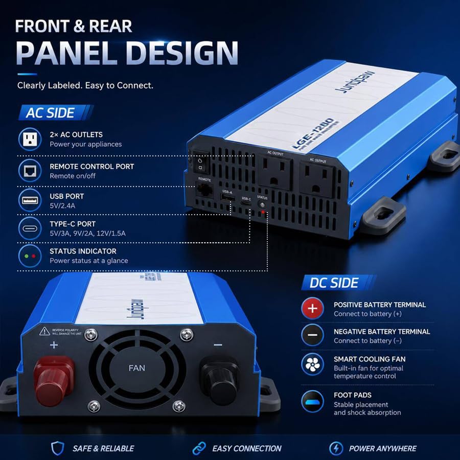 1280W Pure Sine Wave Power Inverter 12V to 120V