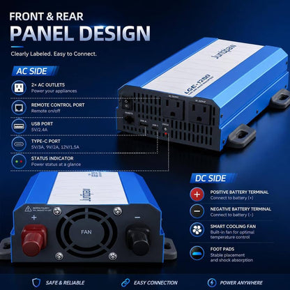 1280W Pure Sine Wave Power Inverter 12V to 120V