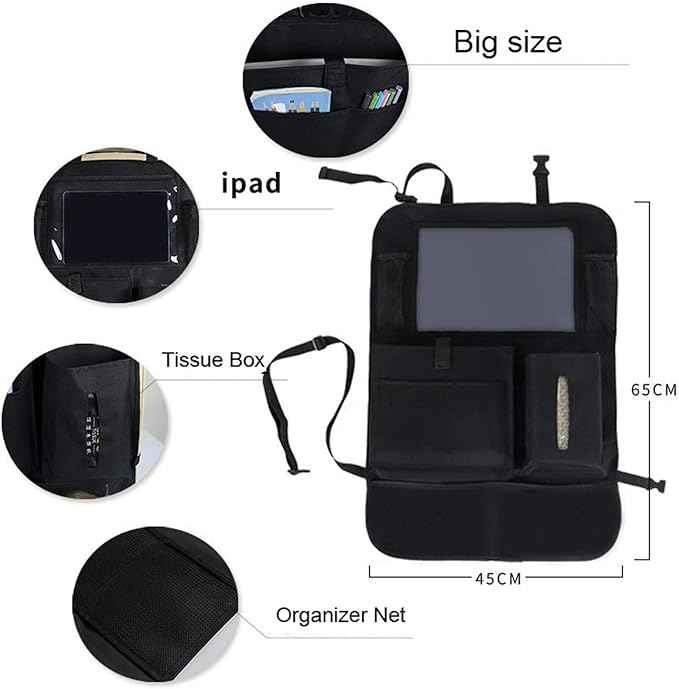 2 Pcs Large Size Car Backseat Organizer with 1 Pcs Trash Garbage Bag, Clear Screen Tablet Holder and 9 Storage Pockets,Foldable Seat Back Protectors for Toys Drinks Book ,Travel Accessories (Black)