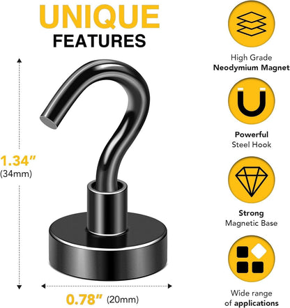 DIYMAG Black Magnetic Hooks, 50 LB Heavy Duty Strong Magnets with Hooks, Rare Earth Neodymium Magnetics Hooks for Cruise Cabins Cruise Ship Essentials 8 Packs