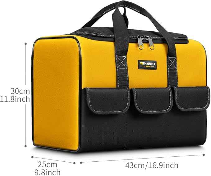 Large Tool Bag, 17 inch Wide Mouth Tool Organizer Bag for Home Repairs,Garage StorageDouble Zipper, Yellow and Black, 16.9 x 11.8 x 9.8 inch