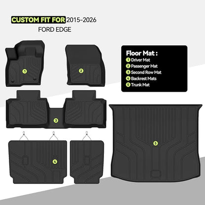 Tongama-Floor Mats for Ford Edge 2015-2024 2025 2026, All Weather TPE Trunk Mat and 2nd Row Backrest Mats Protectors for Ford Edge Floor Liner Accessories