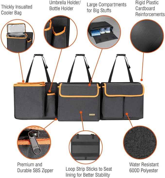 Deluxe Trunk and Backseat Organizer for Medium or large size SUVs & RVs, Detachable Storage Modules with Built-in Cooler, Patent Pending
