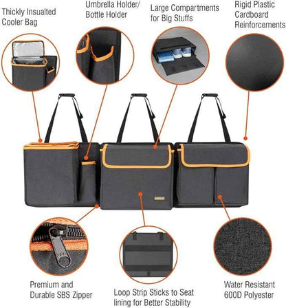 Deluxe Trunk and Backseat Organizer for Medium or large size SUVs & RVs, Detachable Storage Modules with Built-in Cooler, Patent Pending