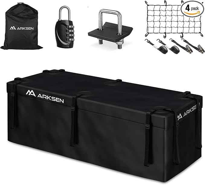 ARKSEN Waterproof Hitch Cargo Carrier Bag with Combination Lock for Truck SUV RV Trailer- Include Net, Heavy Duty Stainless Steel Hitch Tightener, Anti-Rattle Stabilizer, 2 pcs 19.7Ft Straps