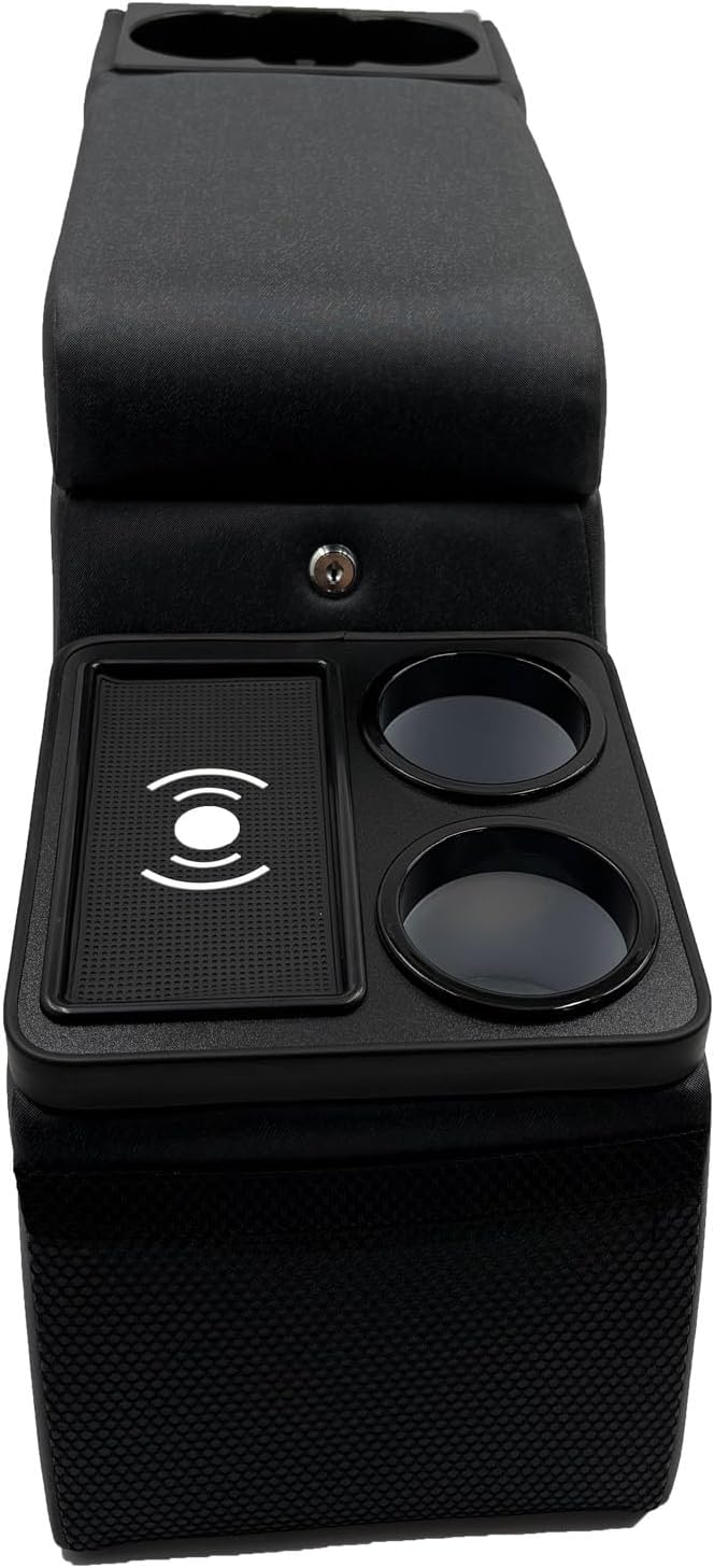 Truck Center Console Truck Seat/Bench Organizer with Wireless Charging and Holder Cups for Jeep CJ5 1976-1983,Jeep CJ7 1976-1986,Jeep Wrangler(YJ) 1987-1995 (Denim Black)