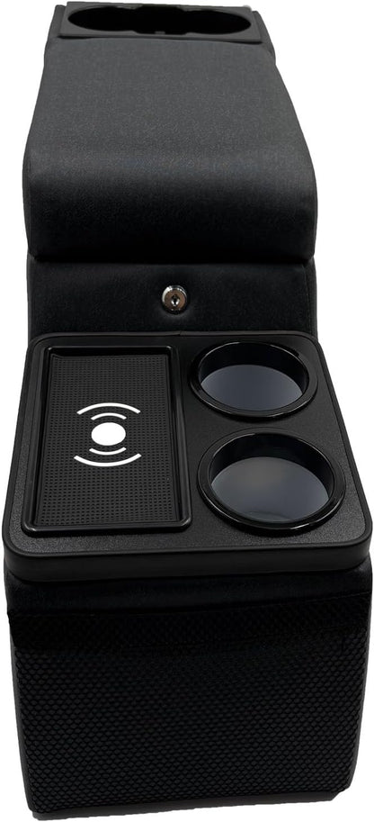 Truck Center Console Truck Seat/Bench Organizer with Wireless Charging and Holder Cups for Jeep CJ5 1976-1983,Jeep CJ7 1976-1986,Jeep Wrangler(YJ) 1987-1995 (Denim Black)