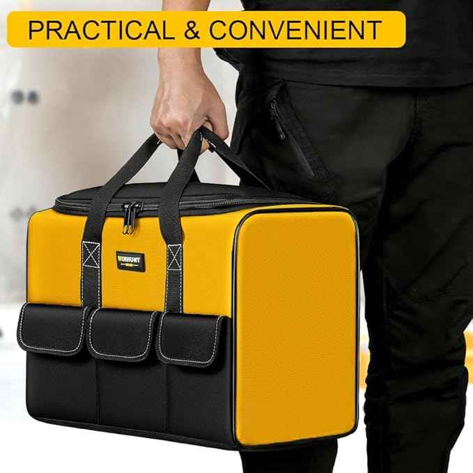 Large Tool Bag, 17 inch Wide Mouth Tool Organizer Bag for Home Repairs,Garage StorageDouble Zipper, Yellow and Black, 16.9 x 11.8 x 9.8 inch