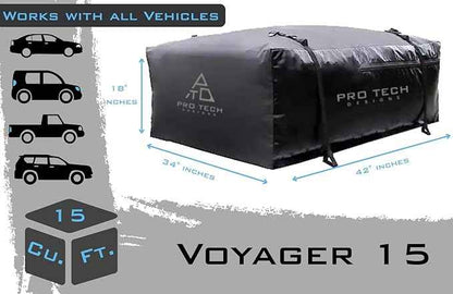 Voyager 15 Cubic Feet Waterproof Rooftop Cargo Roof Bag, No Roof Rack Needed UV-Protected PVC Semi-Coated Mesh, Welded Seams, Water Seal Zipper, 42" L x 34" W x 18" H