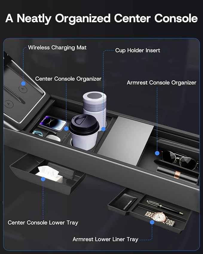 Center Console Organizer Tray for Tesla Model Y Juniper Accessories 2025 2026 [Premium PC + Silent Silicone Liner] Armrest Bottom Liners Wireless Charging Pad Cup Holder for Tesla Model Y Accessories