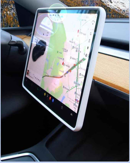 Center Console Screen Protector Frame Compatible with Tesla Model 3 Model Y 2025 2024 2023 2022 2021 2020 Display Decoration Interior Accessories, Silicone Grey