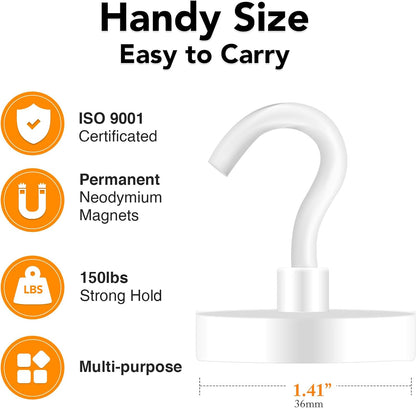 MIKEDE Magnetic Hooks Heavy Duty, 150LB Super Strong Magnetic Hooks for Cruise, Neodymium Earth Magnets with Hook for Hanging, Magnetic Metal Hanger for Fridge, Toolbox, Storage, (White, 4 Pack)