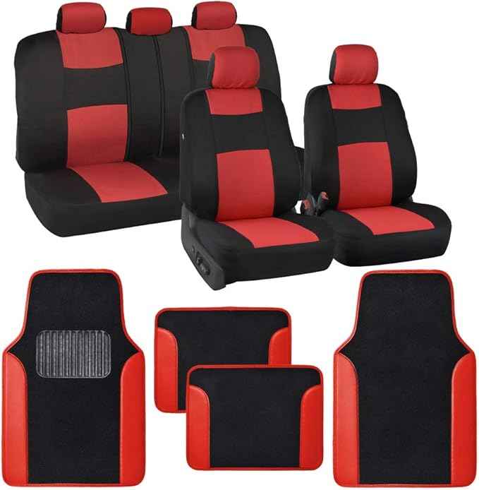BDK PolyPro Red Car Seat Covers Full Set with 4-Piece Car Floor Mats - Two-Tone Seat Covers for Cars with Carpet, Interior Covers for Auto Truck Van SUV