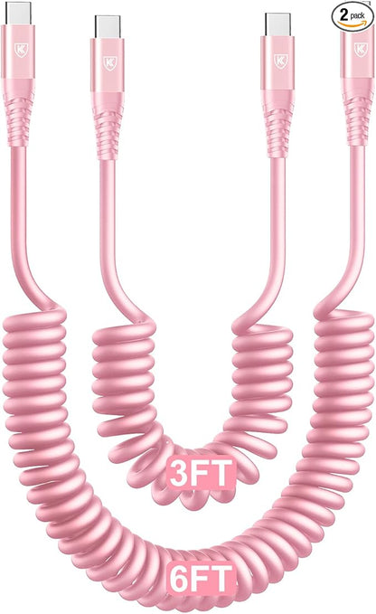 USB C to USB C Cable [3FT+6FT], 2Pack Coiled USBC Cable for Car USB Type C Fast Charging Cable, CarPlay iPhone USB-C Cable/Android Auto USB C Cord for iPhone 17/16/ 15/Pro Max/Samsung Galaxy S23-Pink