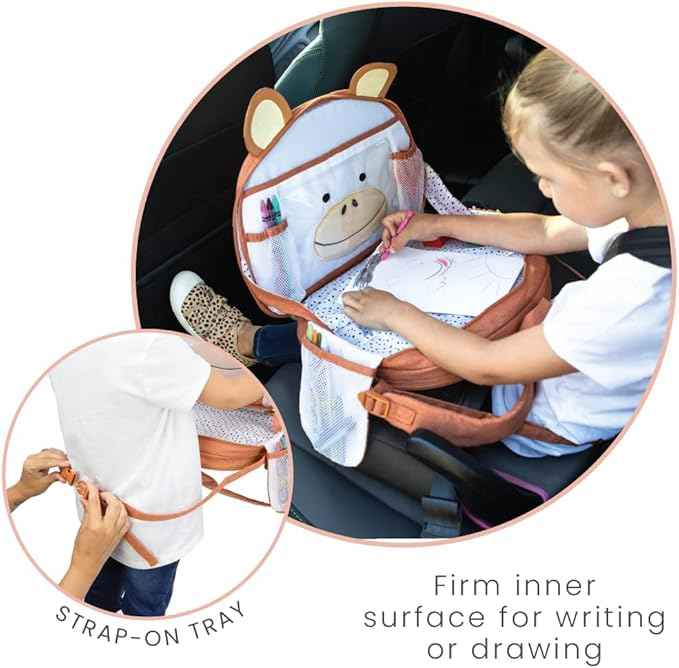 Lulyboo Toddler Car Seat Tray & Backpack - Multipurpose Travel Lap Desk with Built-in Cup Holder, 8 Storage Pockets, Waterproof Cover, Animal Unicorn Design, Inflatable Airplane & Car Travel Accessory