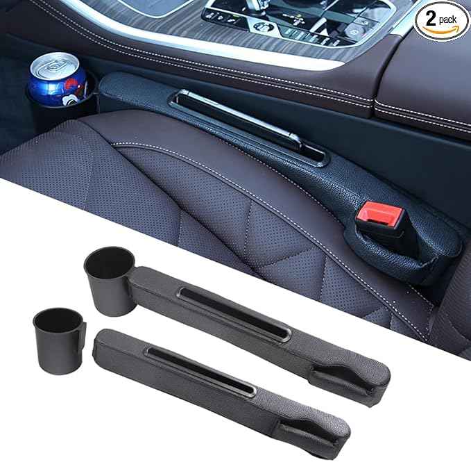 Advanced 3-in-1 Car Seat Gap Filler Organizer 2 Packs, PU Leather Console Side Storage Pad with Removable Cupholder, Anti-Slip Blocker for Phone Coins Keys