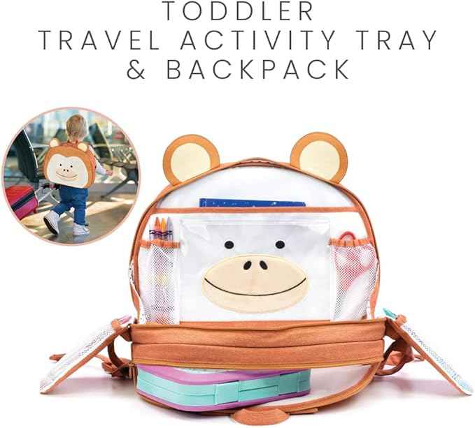 Lulyboo Toddler Car Seat Tray & Backpack - Multipurpose Travel Lap Desk with Built-in Cup Holder, 8 Storage Pockets, Waterproof Cover, Animal Unicorn Design, Inflatable Airplane & Car Travel Accessory