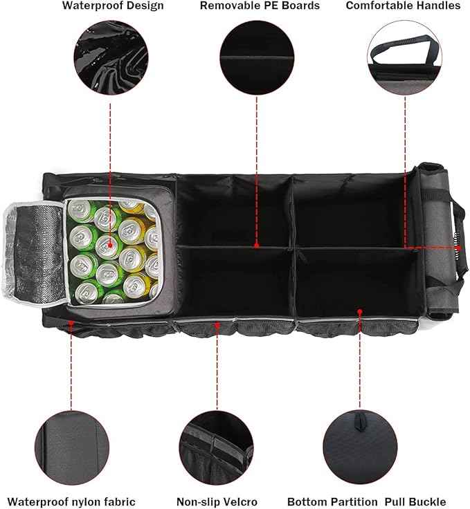 Large Trunk Organizer with Portable Leakproof Cooler Bag,Foldable Cover,Adjustable Securing Straps,Collapsible Trunk Organizer for Suv Car Truck Sedan (4-in-1 with Cooler)