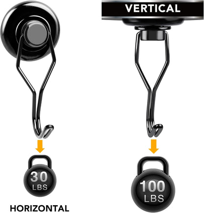 MIKEDE 110 LBS Black Magnetic Hooks, 6 Pack Swivel Swing Magnet Hooks Heavy Duty, Strong Neodymium Magnets Hanger for Hanging, Grill, Cruise Cabins - 32mm(1.26in) in Diameter