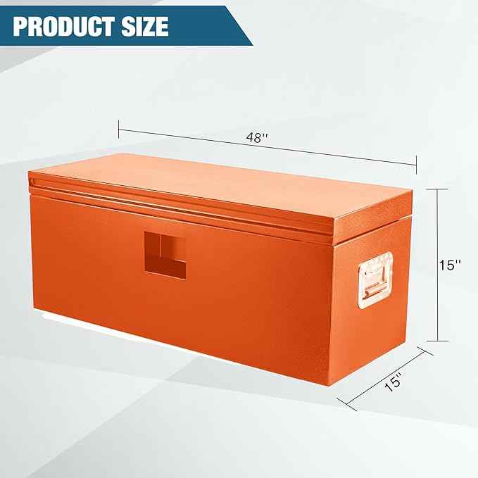 Black Steel Truck Bed Tool Box, Powder Coated Storage Chest, Weatherproof Trailer ToolBox Storage Organizer for Pickup, Truck Bed, RV, Trailer (48 * 15 * 15 - Orange)