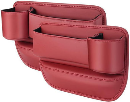 Car Seat Gap Storage Bag for Tesla Model Y 2023-2024, 2 Pack Universal Leather Front Filler Organizer Box with Cup Holder, Premium for Keys Phone Glasses Cards, C/Red