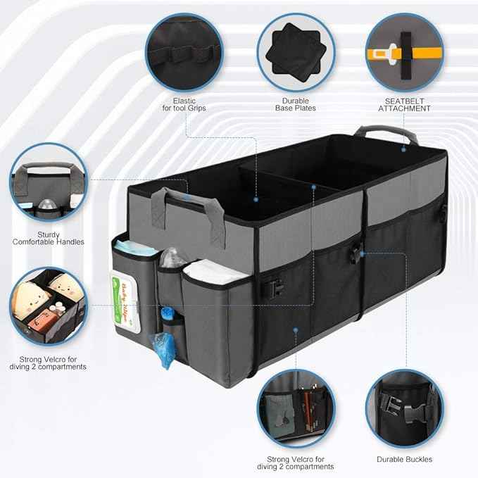 Collapsible Trunk Organizer & Diaper Changing Station, Baby Diaper Caddy Organizer with Movable Dividers, Easy-to-Reach for Back Seat Travel Car Organizer, Waterproof Car Trunk Organizer Groceries