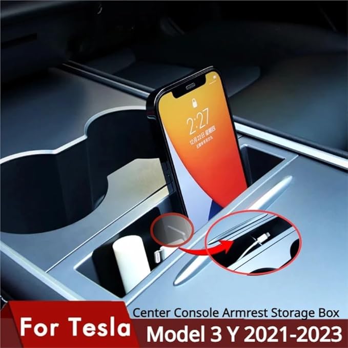 GGCLIMAX Car Organizer Center Console Armrest Storage Box Compatible with Tesla Model 3/Y 2021-2023 ABS Car Interior Organizer for Card Key Phone Charging Cable
