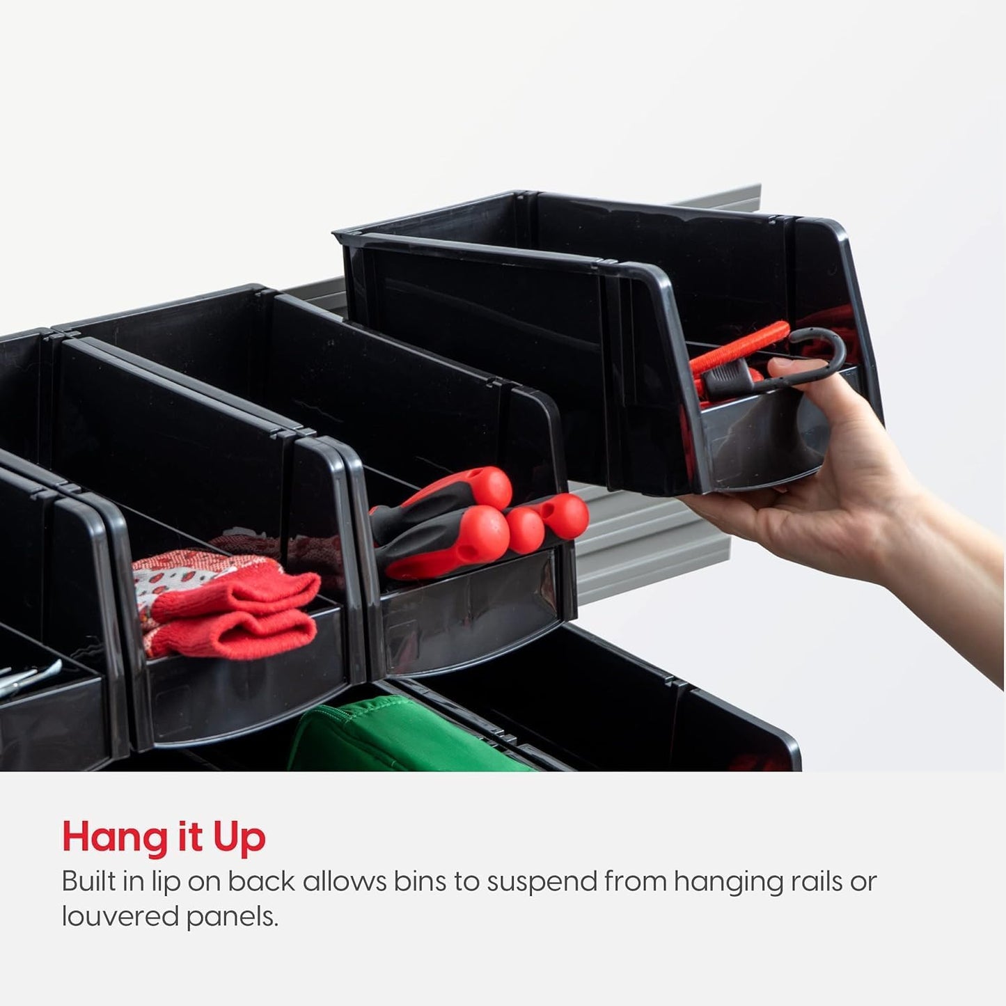 IRIS USA Stackable Storage Bins Open Front, 6 Pack, Plastic Hanging Organizer Caddy Basket for Hardware Crafts, Small Parts, Nuts and Bolts, Garage Tool Storage, Jumbo, Black