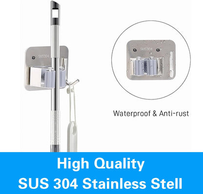 5 Pack Broom Holder Heavy Duty Stainless Steel Broom Hanger with Hooks Screw Drilling Rust Resistant Mop and Broom Holder Wall Mount for Bathroom Kitchen Laundry Room Garage - Silver