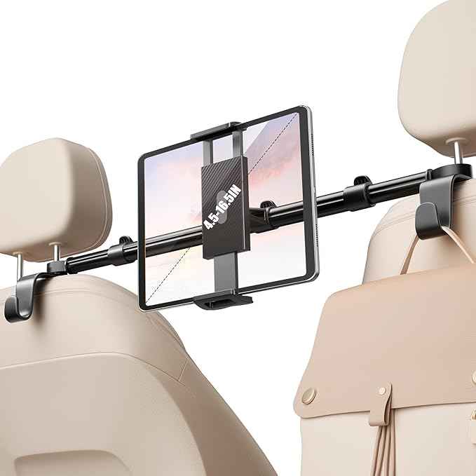 Car Headrest Tablet Holder [Dual-Clamp Stability][360° Adjustable] Back Seat iPad Mount for Kids Road Trip, Compatible with 4.5–16.5" iPad Pro/Air/Mini, Galaxy Tab, Kindle Fire, Switch