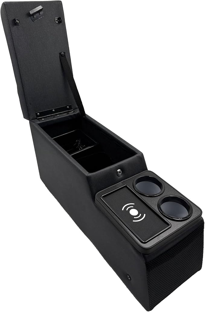 Truck Center Console Truck Seat/Bench Organizer with Wireless Charging and Holder Cups for Jeep CJ5 1976-1983,Jeep CJ7 1976-1986,Jeep Wrangler(YJ) 1987-1995 (Denim Black)