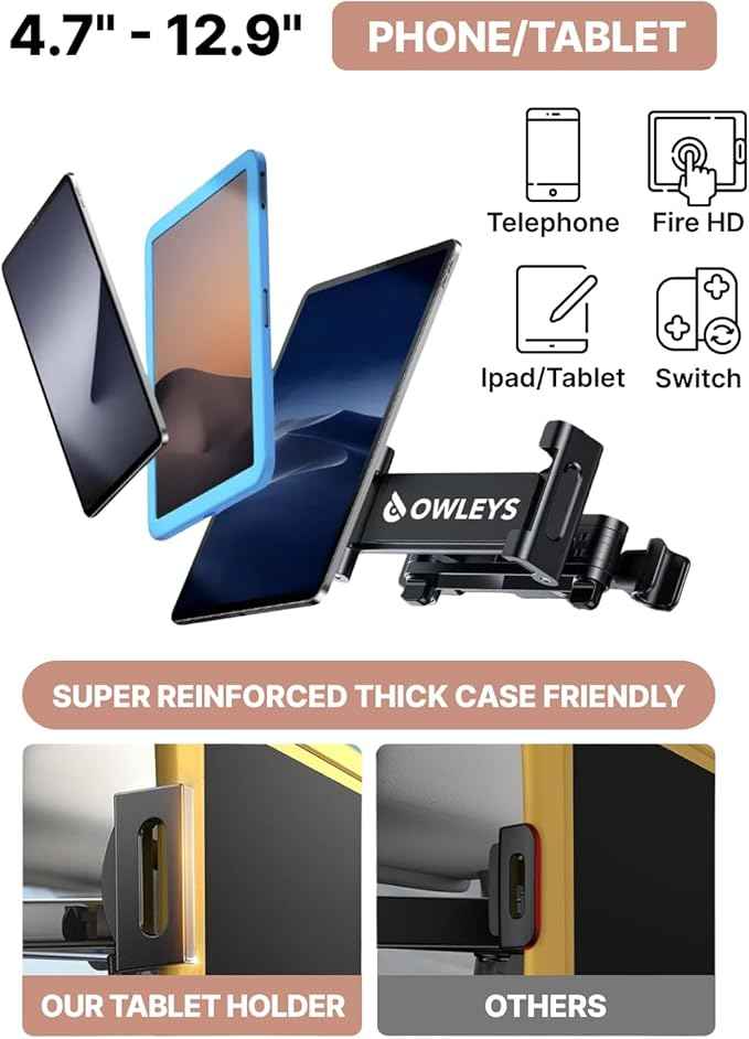 Owleys Tablet Holder for Car Headrest - Car Accessories for Kids - iPad Holder for Car Backseat - Adjustable Tablet Stand - Kids Road Trip Essentials - for iPad Air Pro Mini Galaxy 1pc