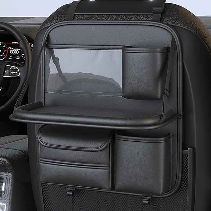 Backseat Car Organizer,5 Storage Pocketscar Seat Organizer,Car Storage Organizer with Foldable Food Tray,Car Seat Back Protectors Kick Mats Travel Accessories