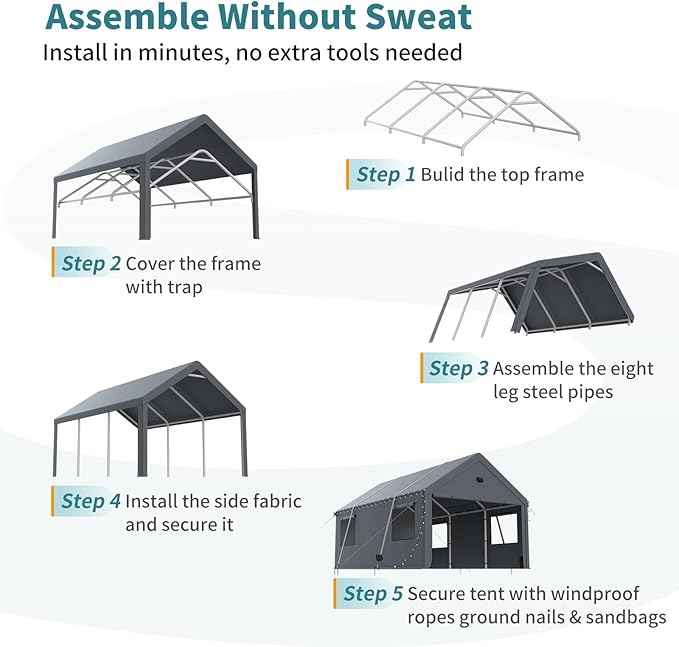 12x20FT Heavy Duty Carport Canopy,Extra Large Portable Car Tent Garage with Roll-up Windows and All-Season Tarp Cover,Removable Roof&Side Wall for Car,SUV,Boats
