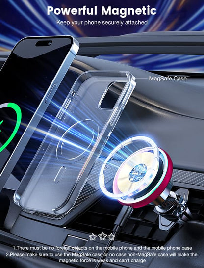for Magsafe Car Mount Charger 15W LED RGB Car Phone Holder for Dash Vent