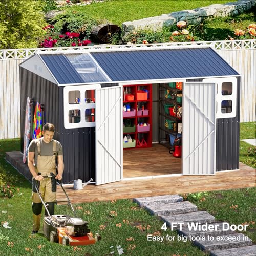 10x12 FT Metal Outdoor Storage Shed with Unique Sunroof Windows Lockable Double Door Air Vent