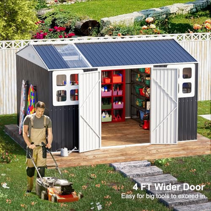 10x12 FT Metal Outdoor Storage Shed with Unique Sunroof Windows Lockable Double Door Air Vent